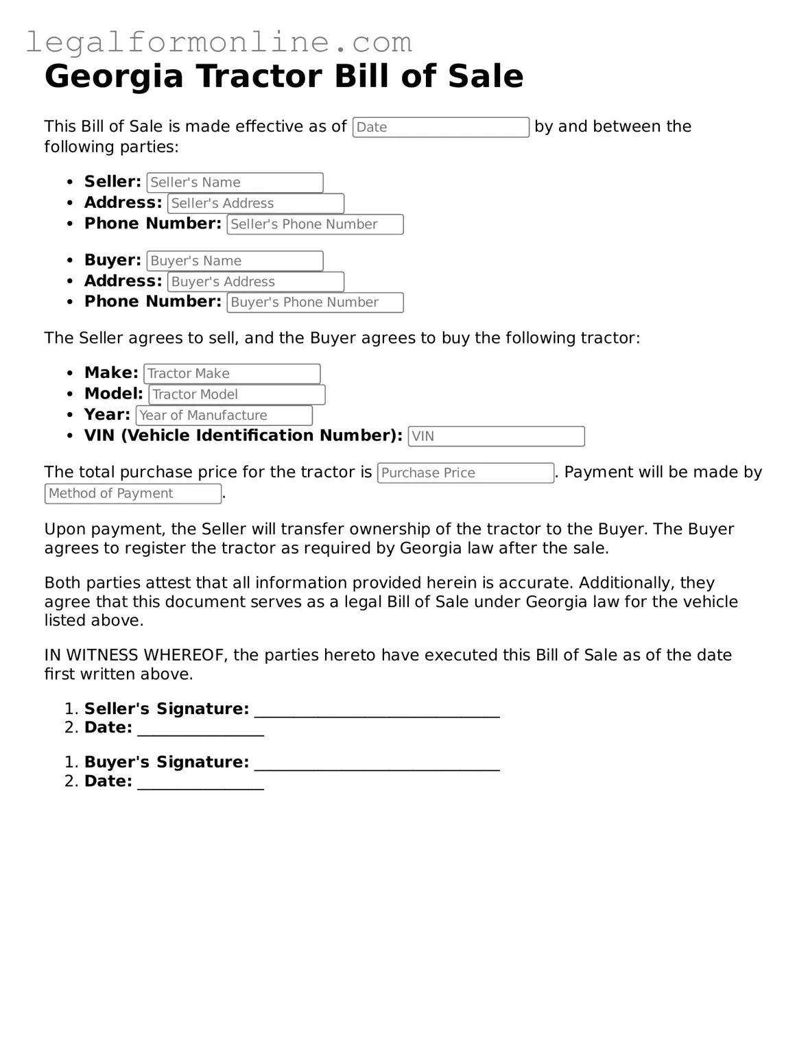  Tractor Bill of Sale Form for Georgia