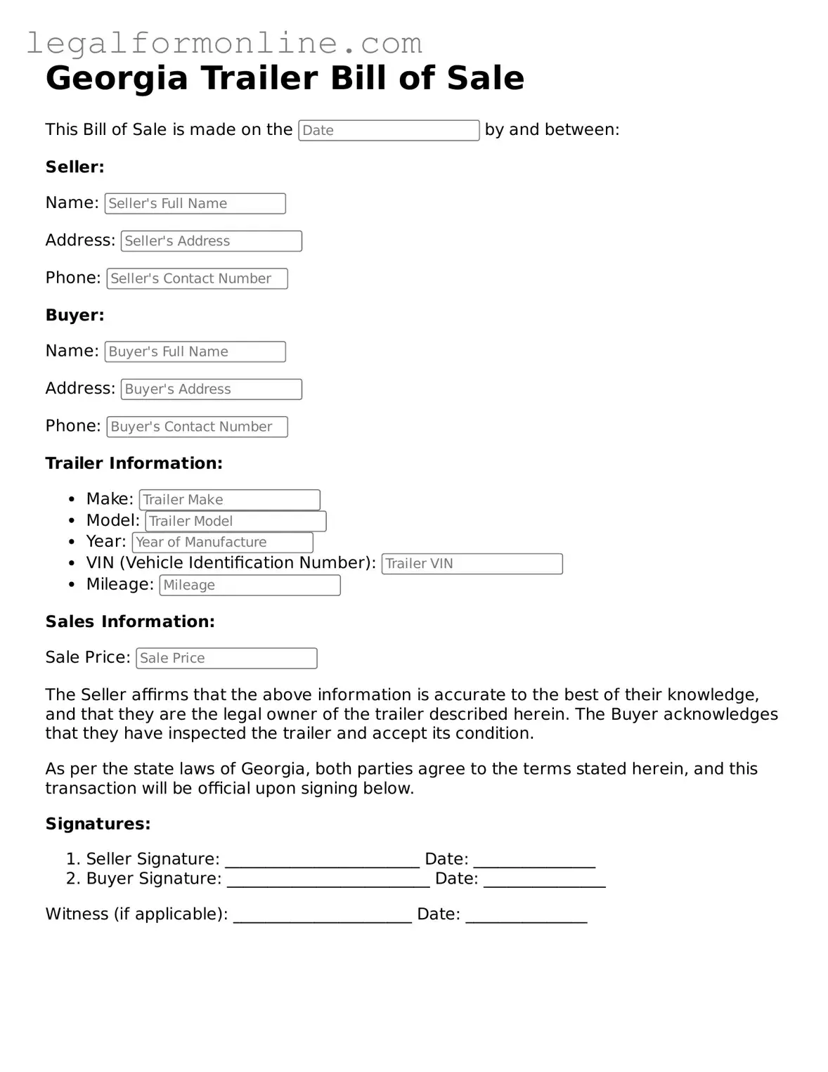  Trailer Bill of Sale Form for Georgia