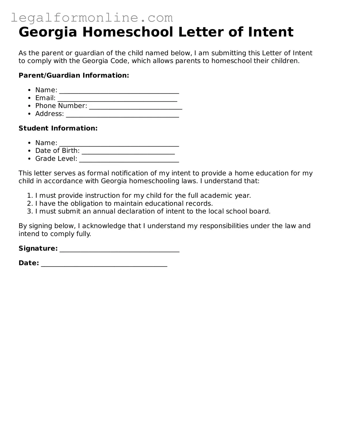  Homeschool Letter of Intent Form for Georgia
