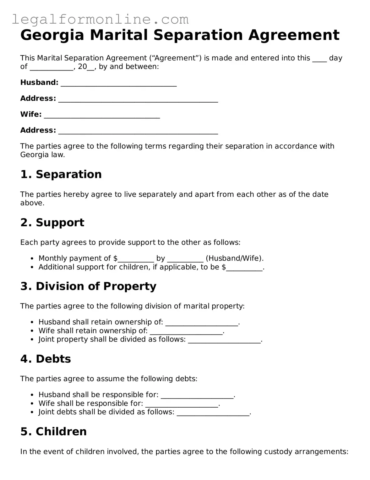  Marital Separation Agreement Form for Georgia