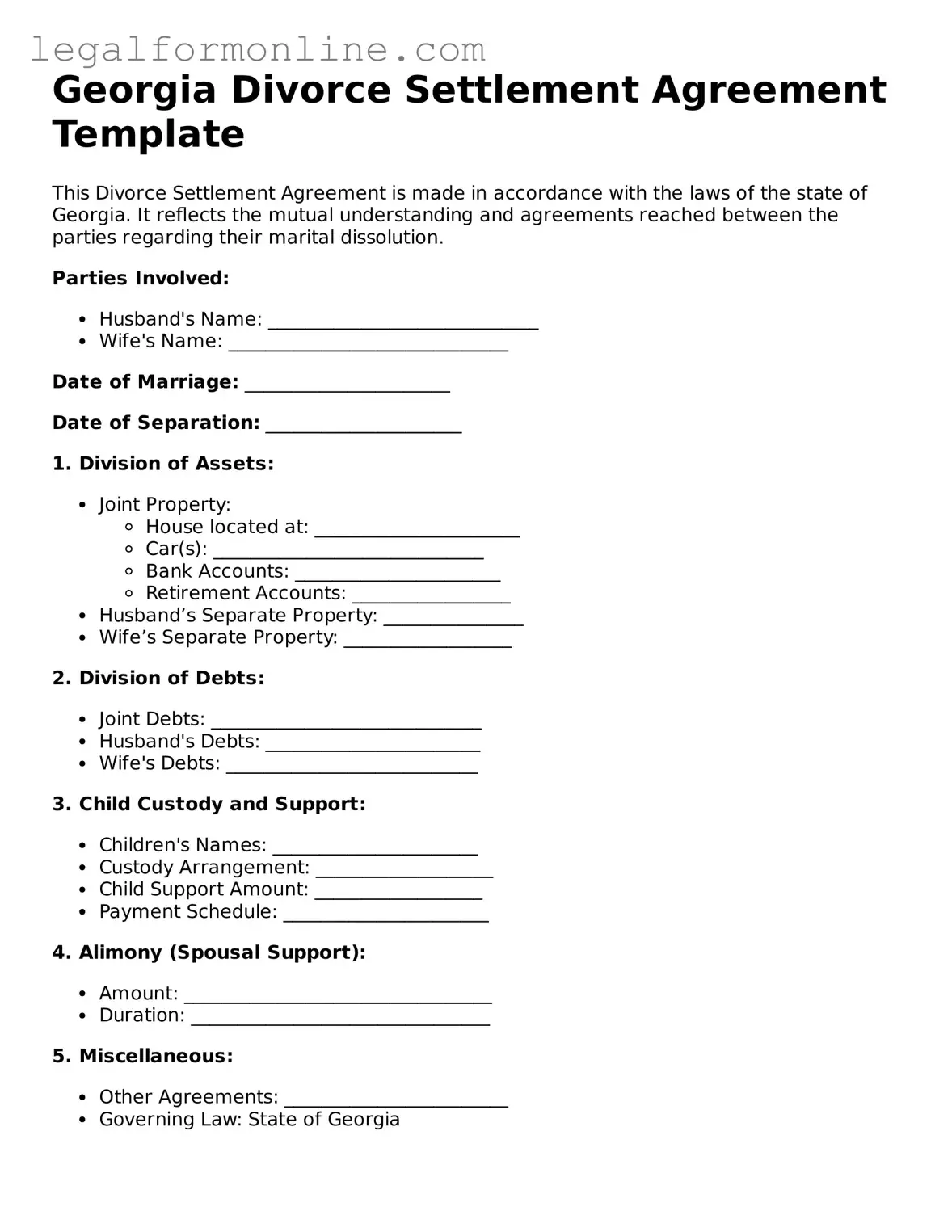  Divorce Settlement Agreement Form for Georgia