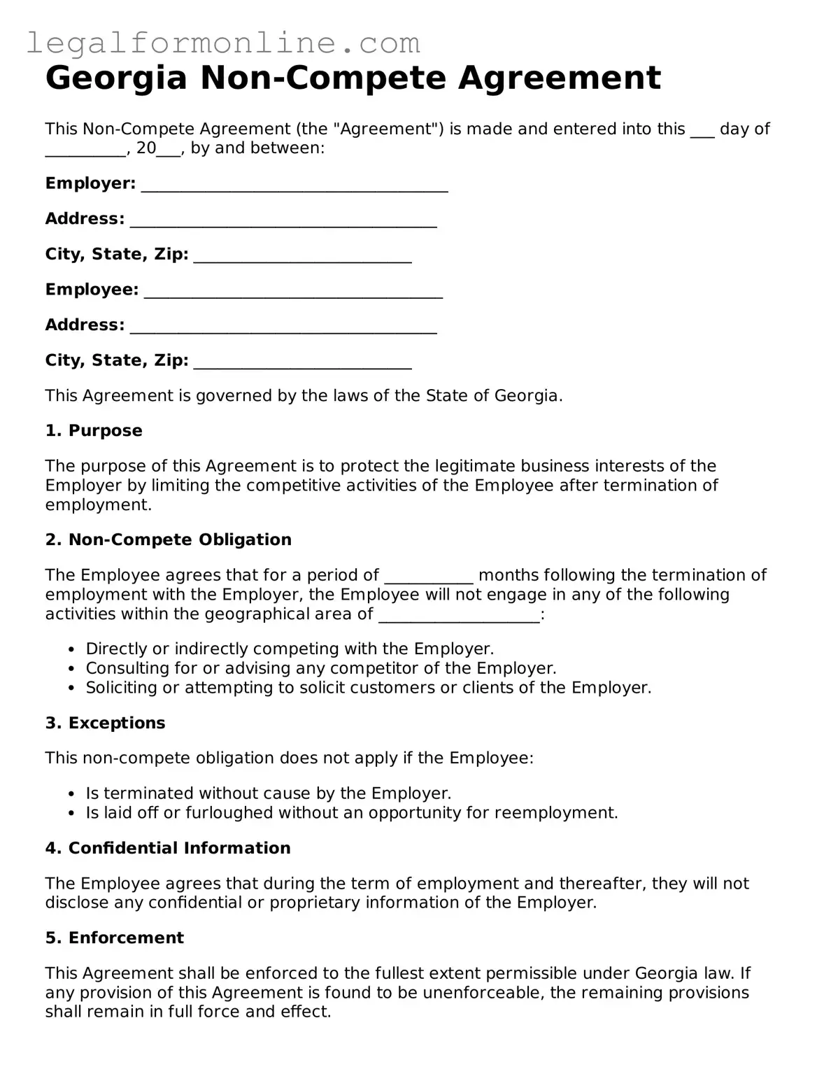 Non-compete Agreement Form for Georgia