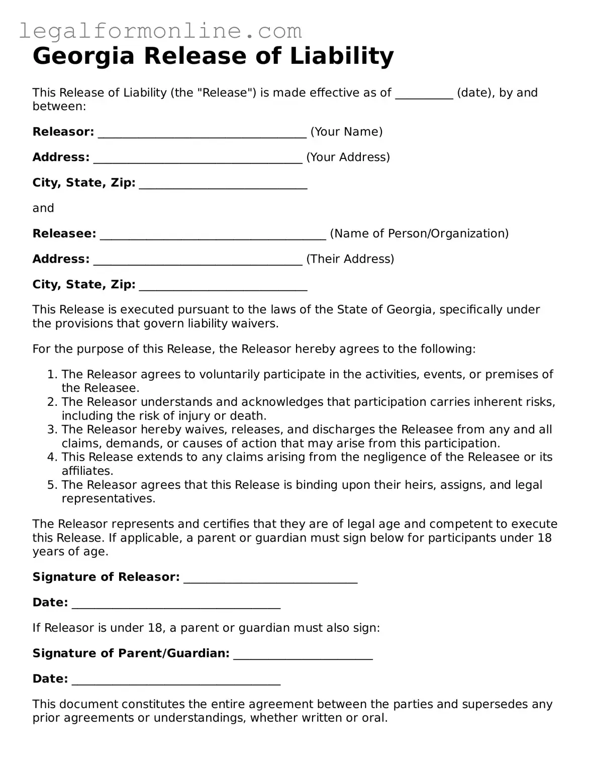  Release of Liability Form for Georgia