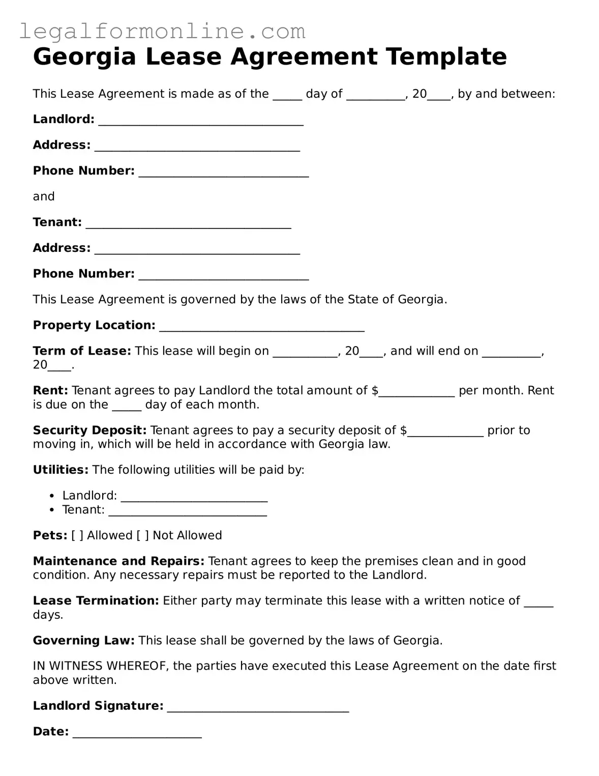  Lease Agreement Form for Georgia
