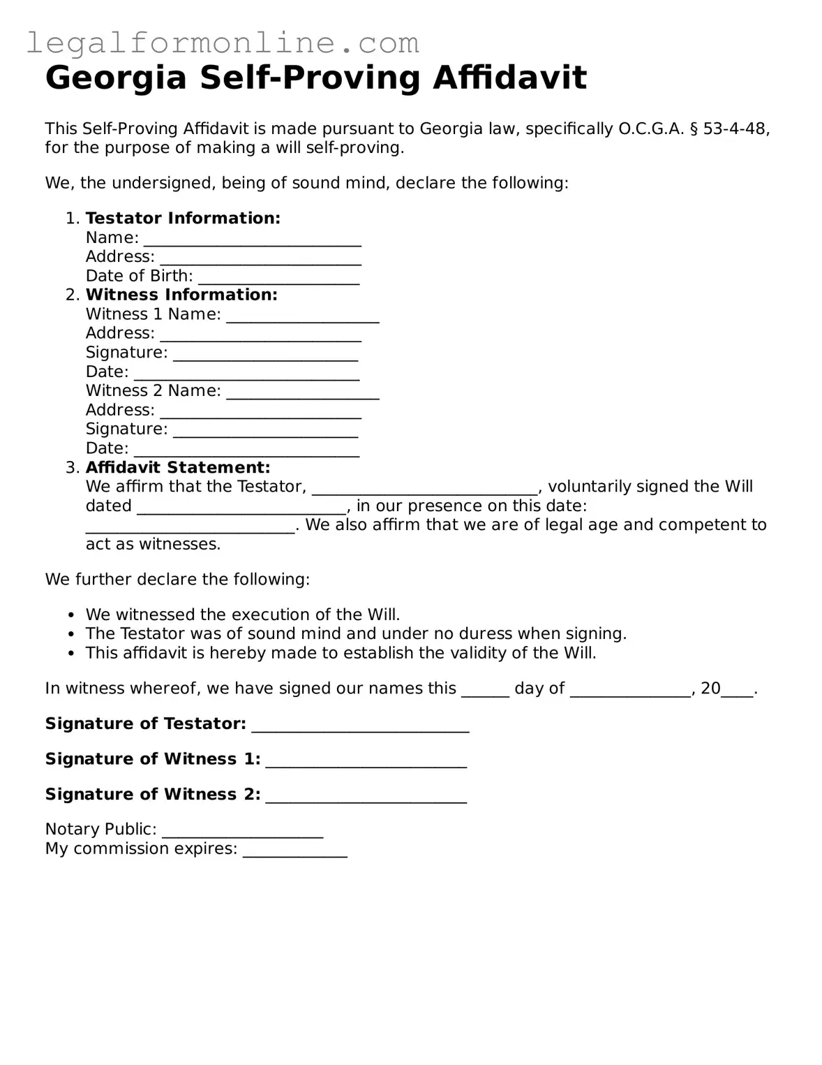  Self-Proving Affidavit Form for Georgia