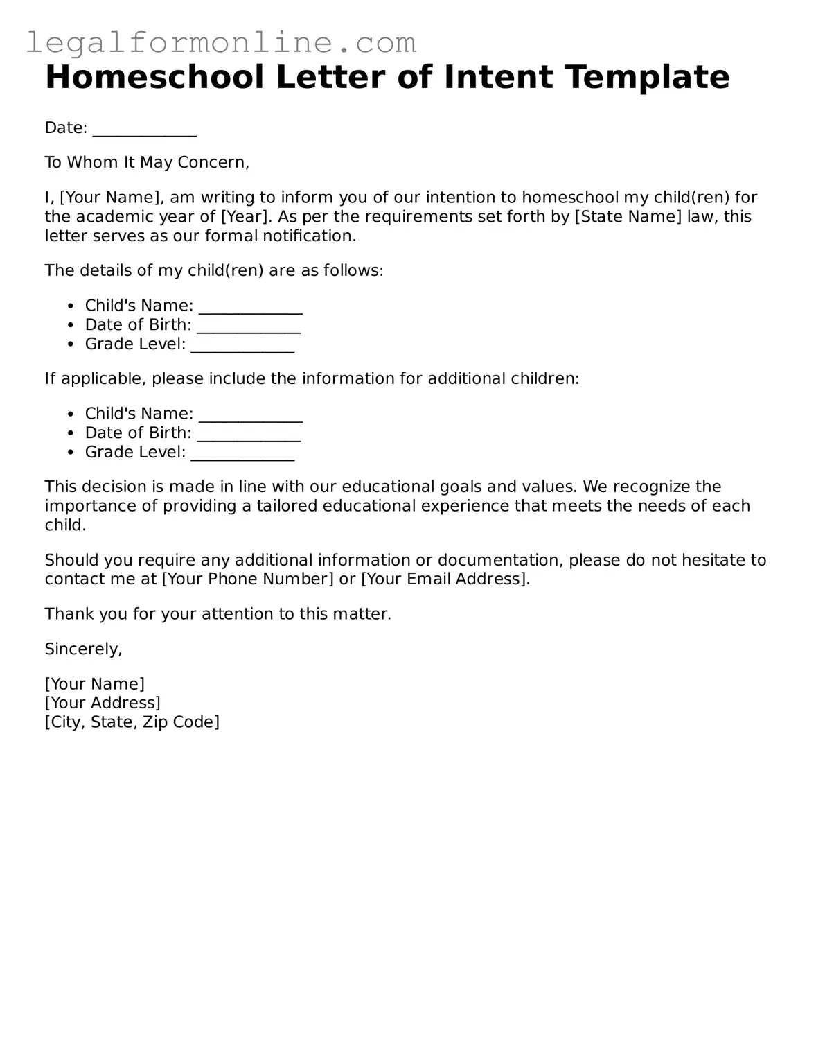 Attorney-Approved Homeschool Letter of Intent Template