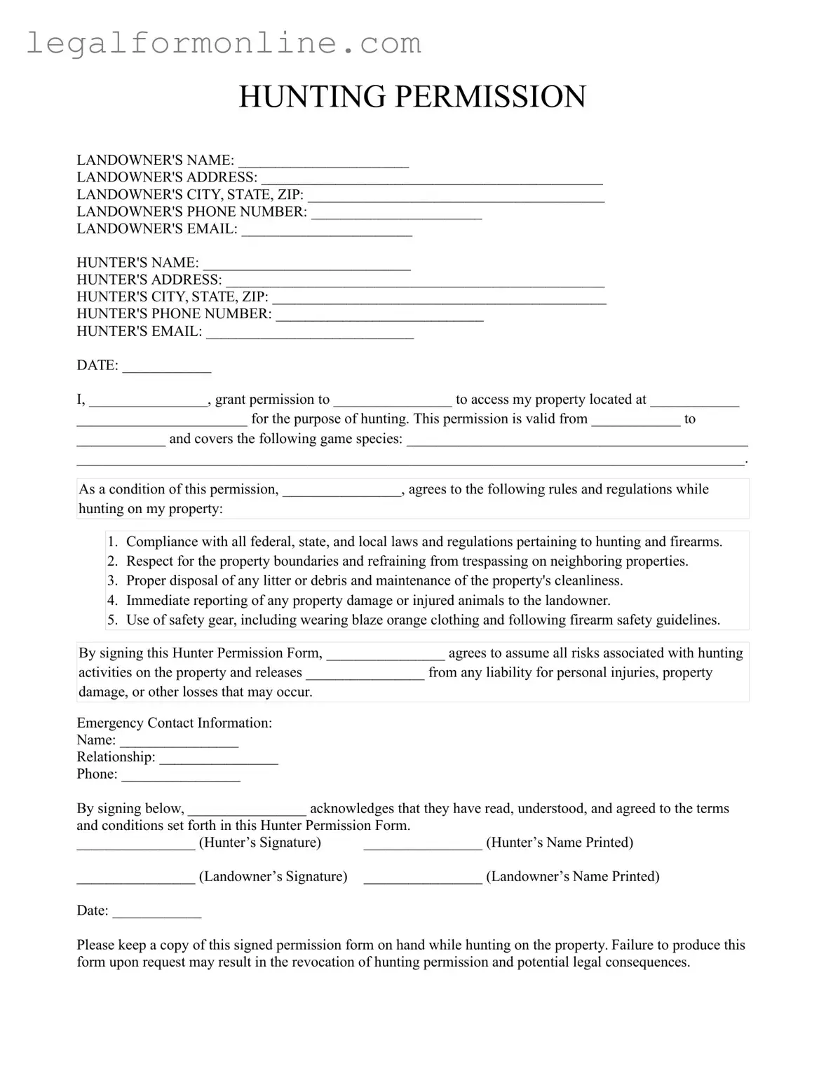 Hunter Permission Template in PDF