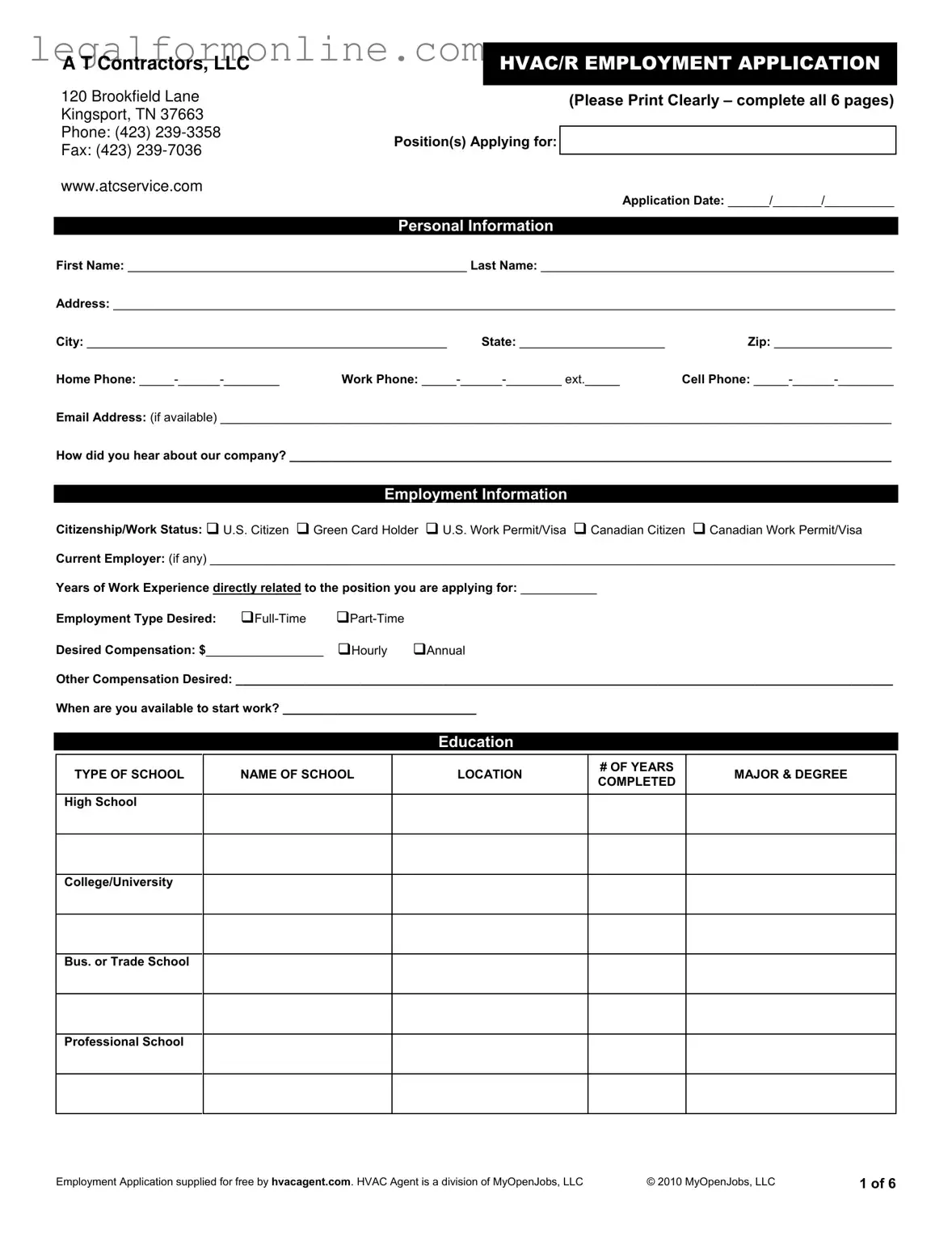Hvac Job Application Template in PDF