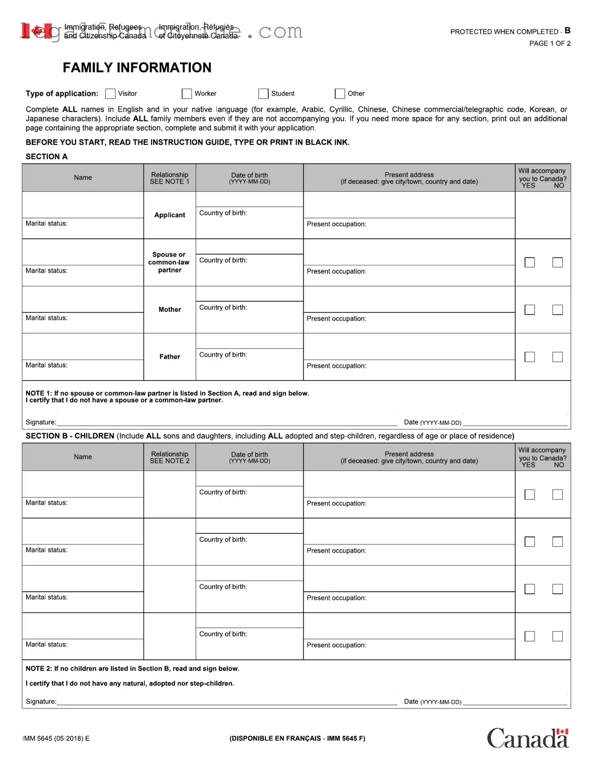 Imm 5645 Template in PDF