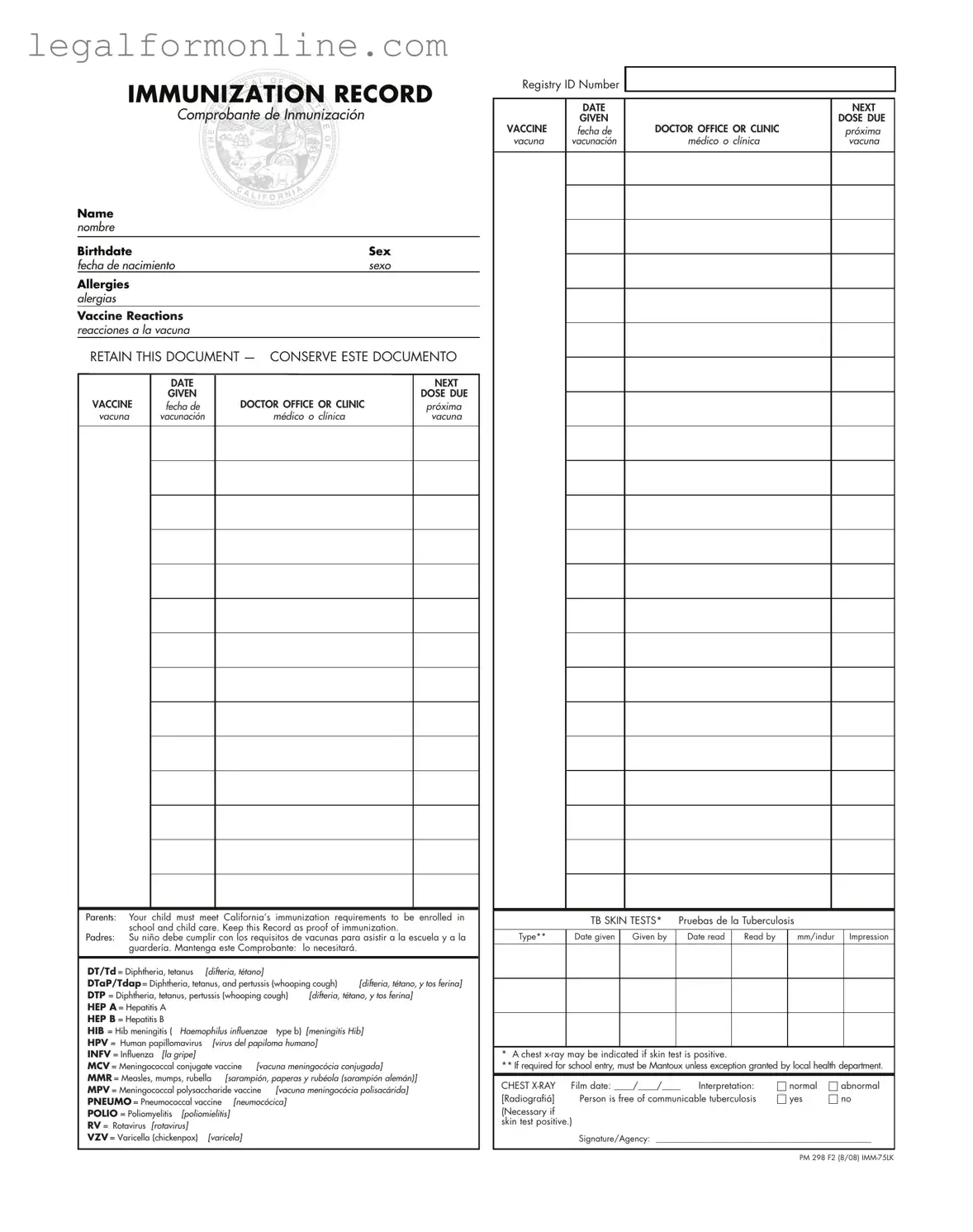 Immunization Record Template in PDF