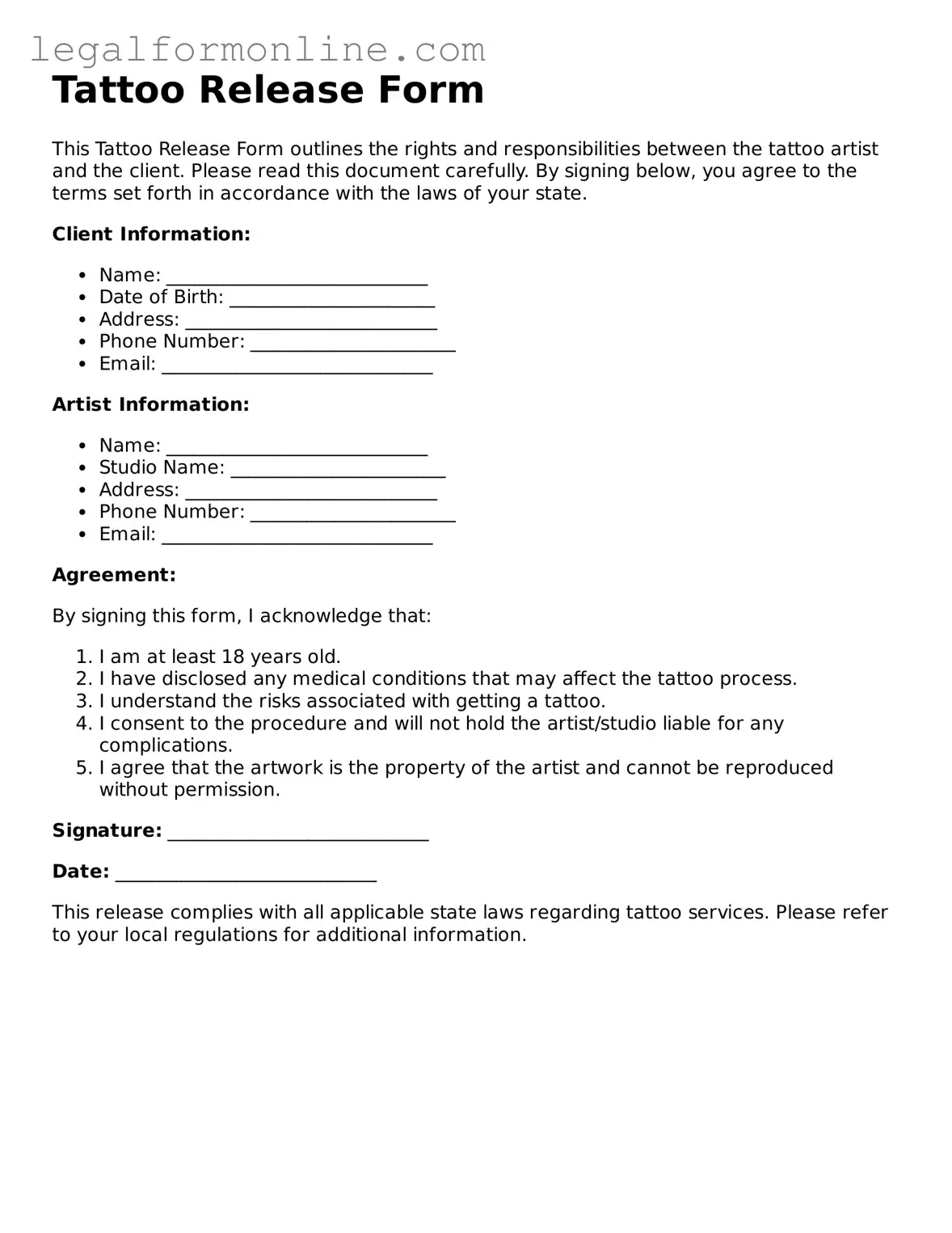 Attorney-Approved Tattoo Release Template