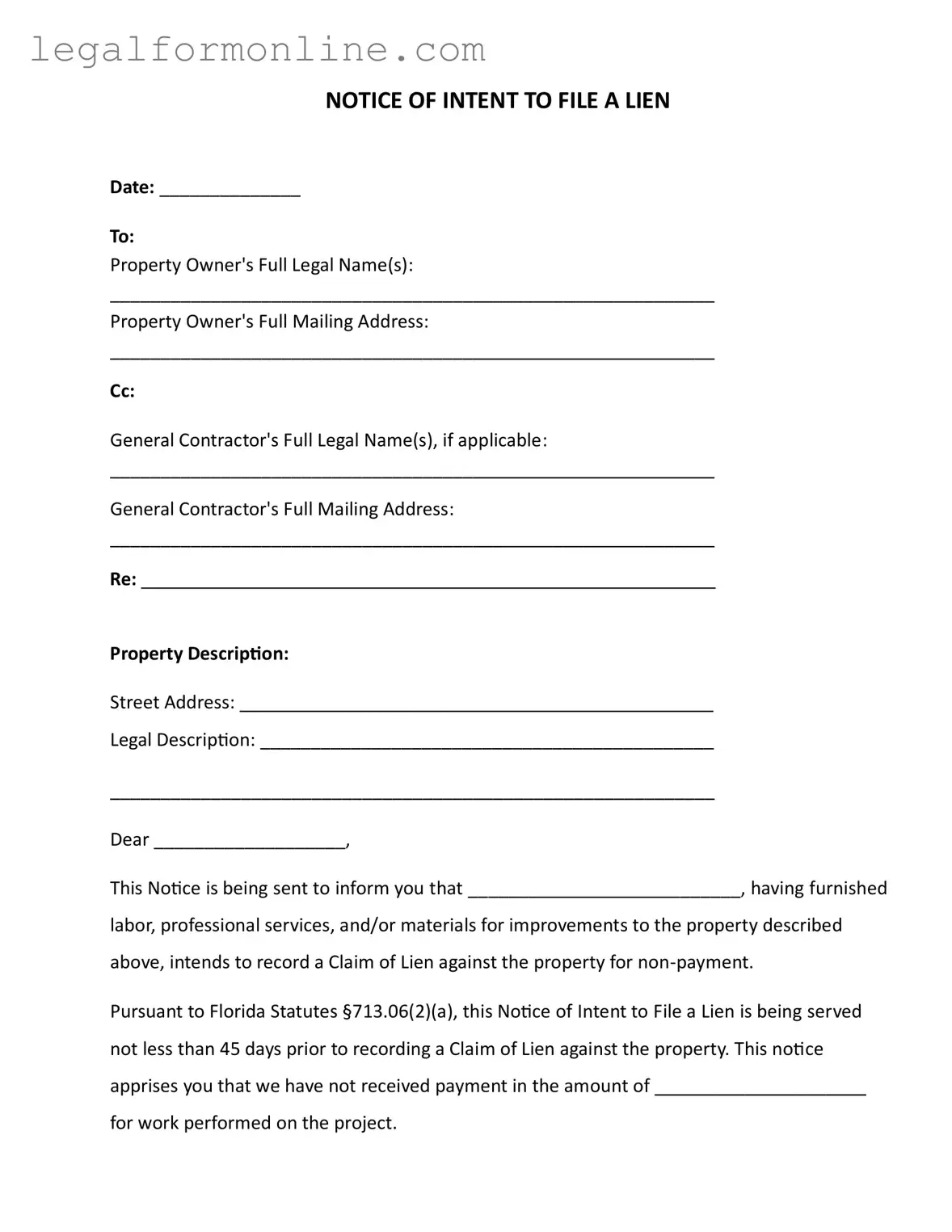 Intent To Lien Florida Template in PDF