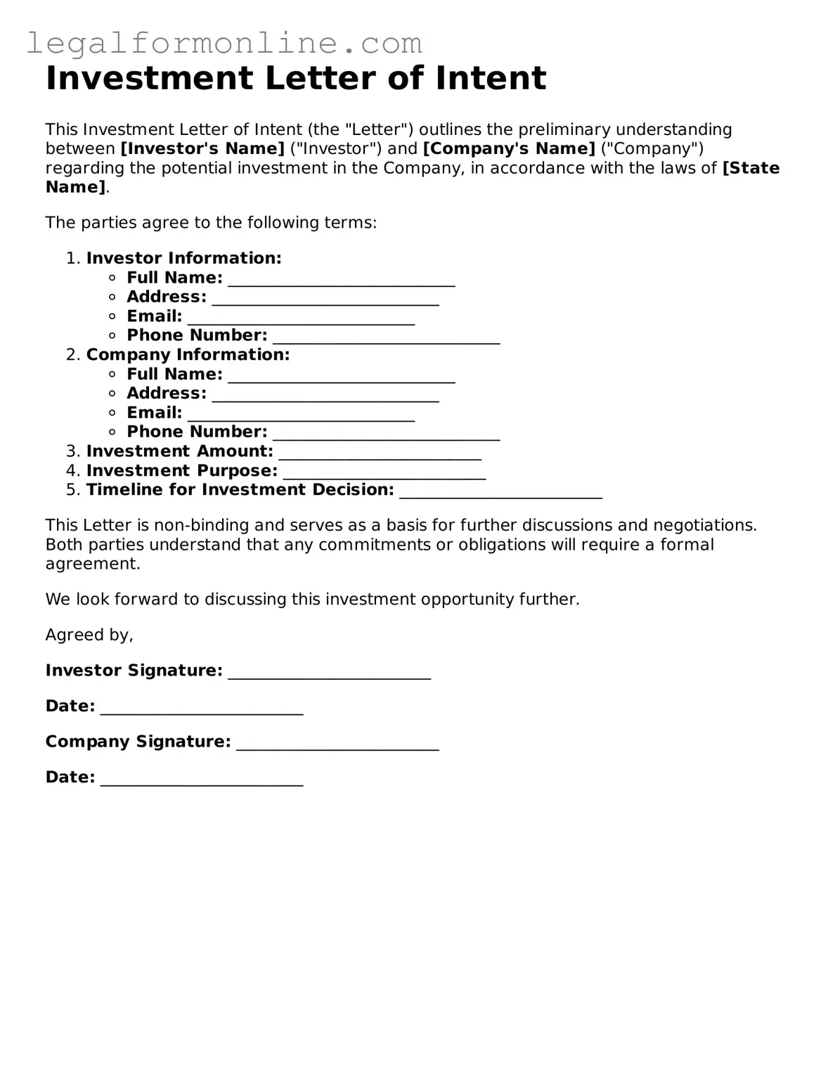Attorney-Approved Investment Letter of Intent Template