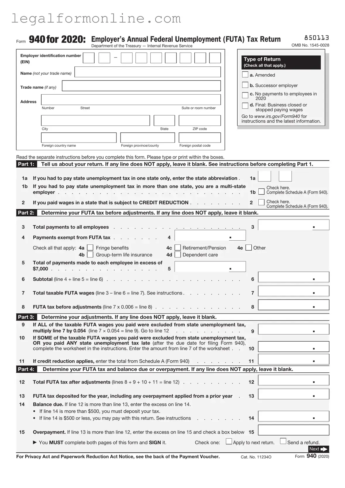 IRS 940 Template in PDF