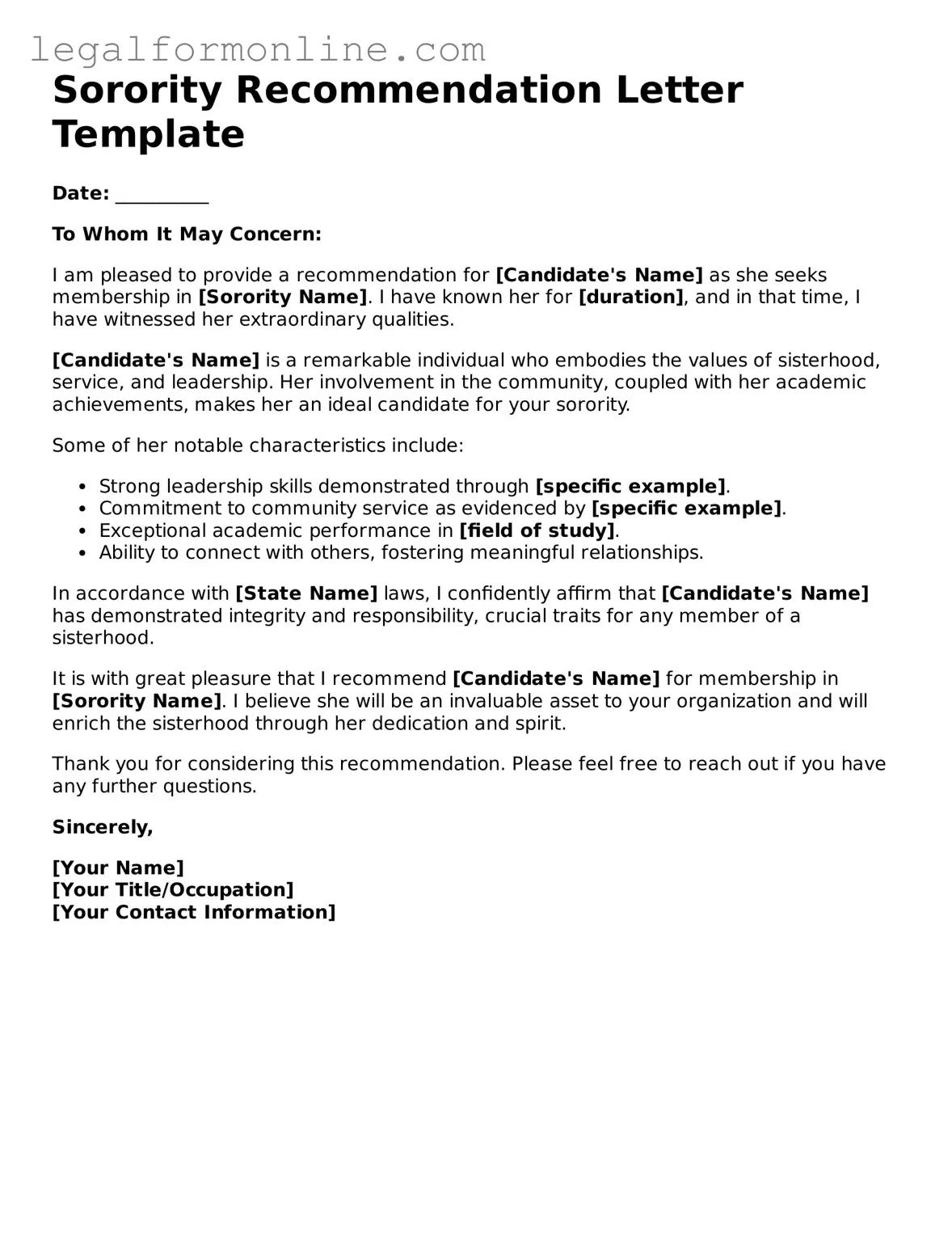 Attorney-Approved Sorority Recommendation Letter Template