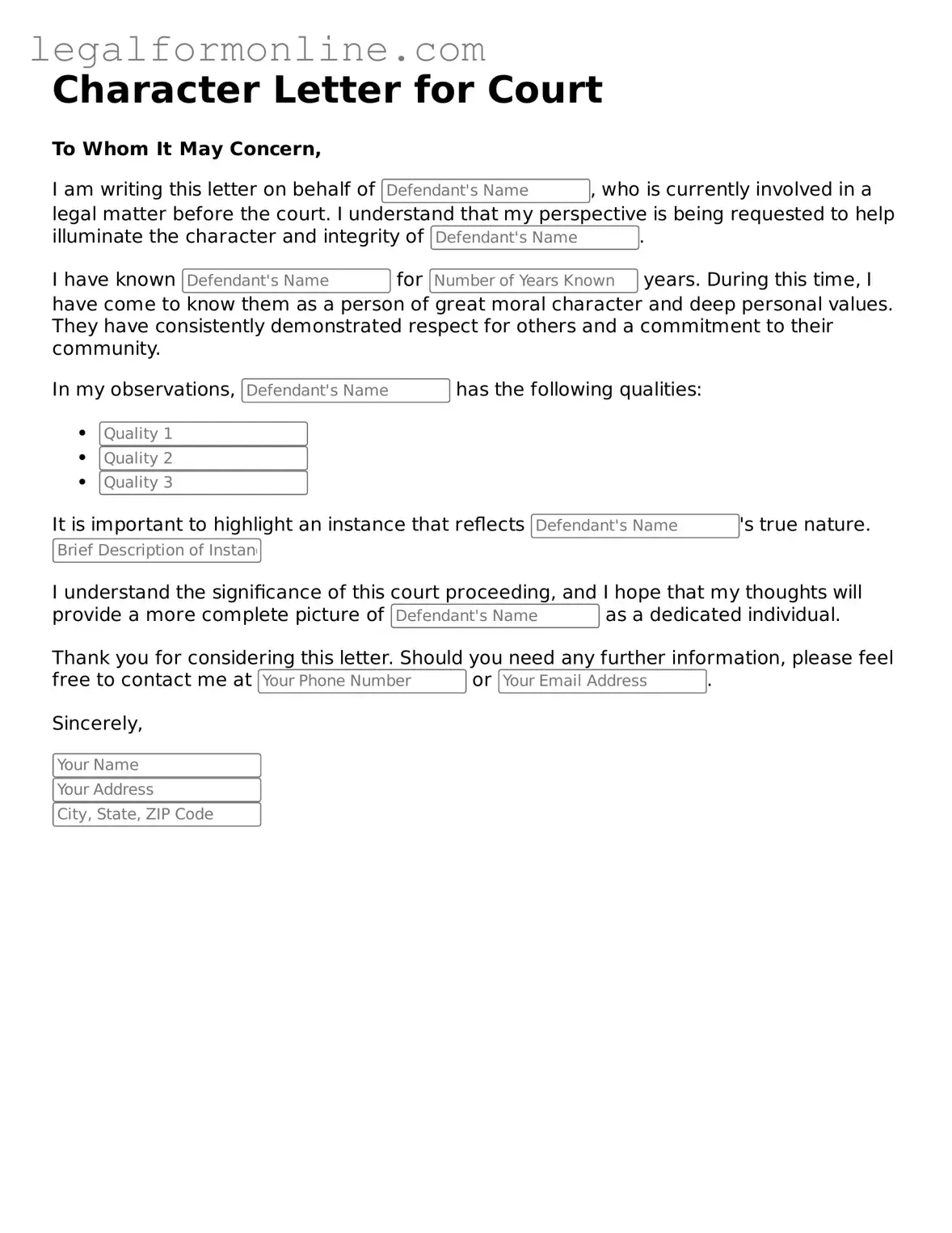 Attorney-Approved Character Letter for Court Template