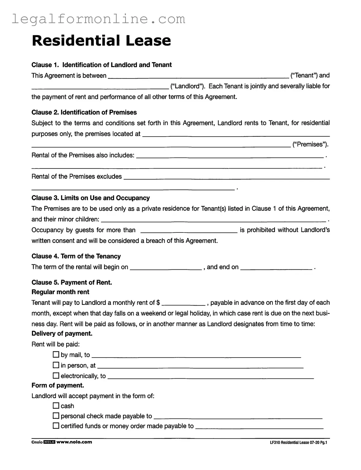 Lf310 Residential Lease Template in PDF