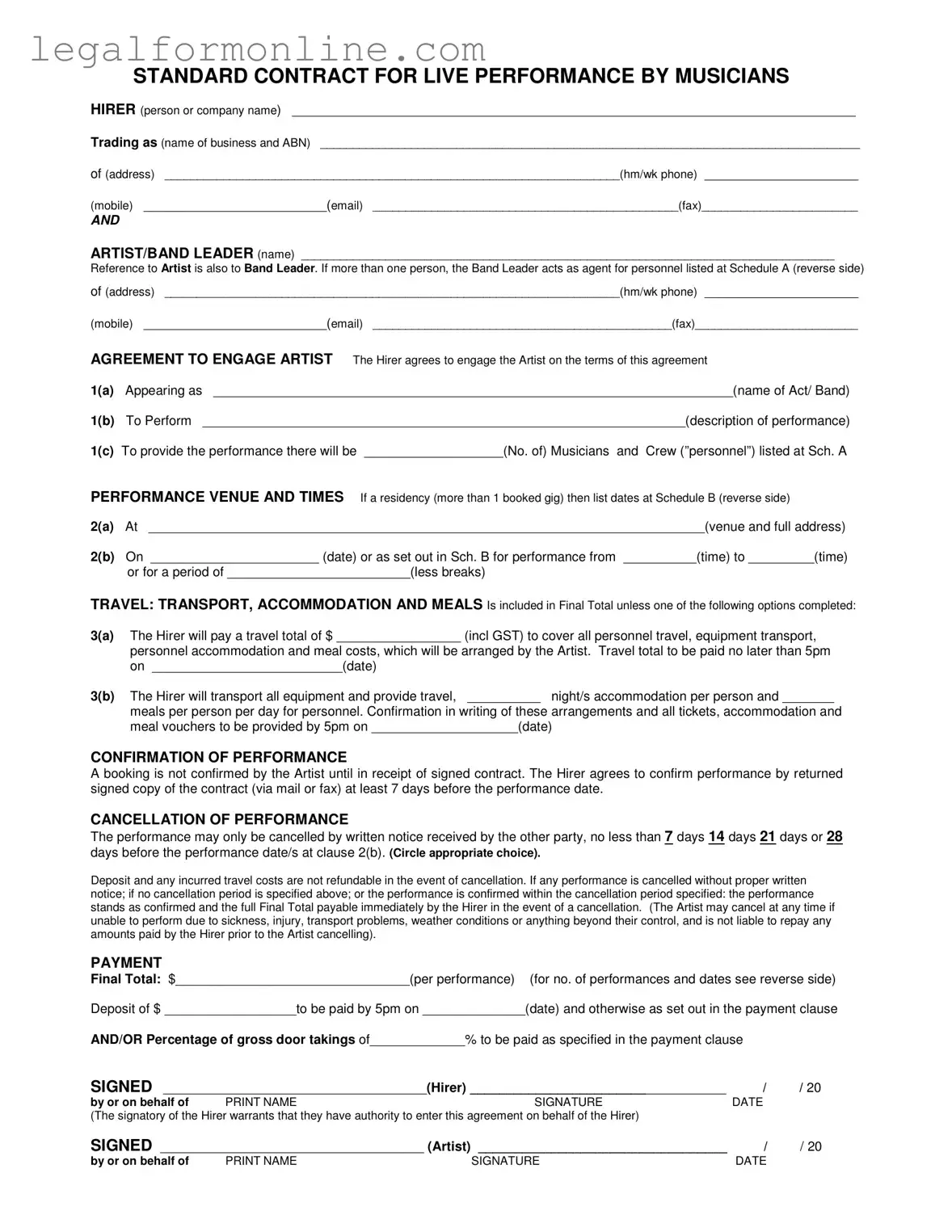 Live Performance Contract Template in PDF