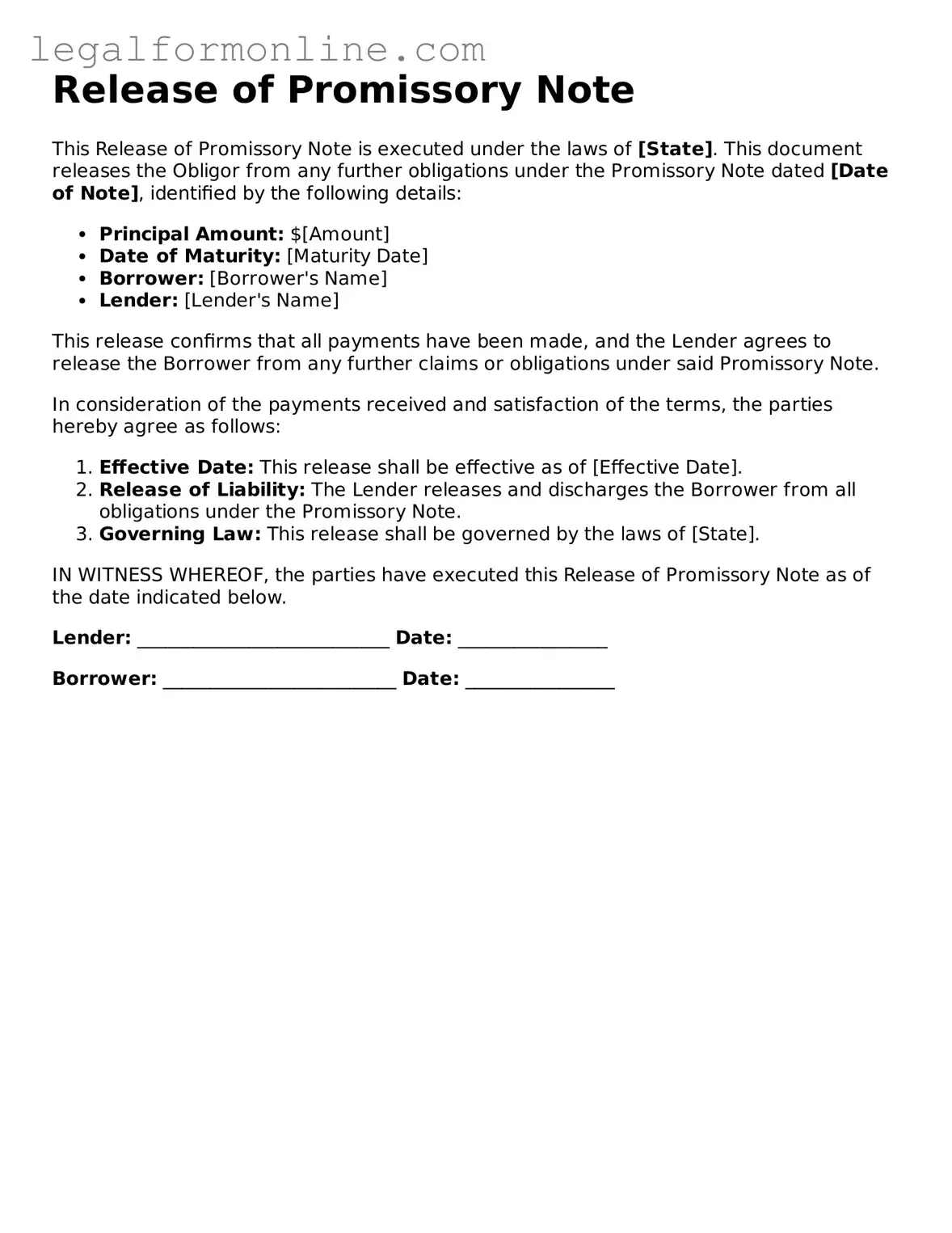 Attorney-Approved Release of Promissory Note Template