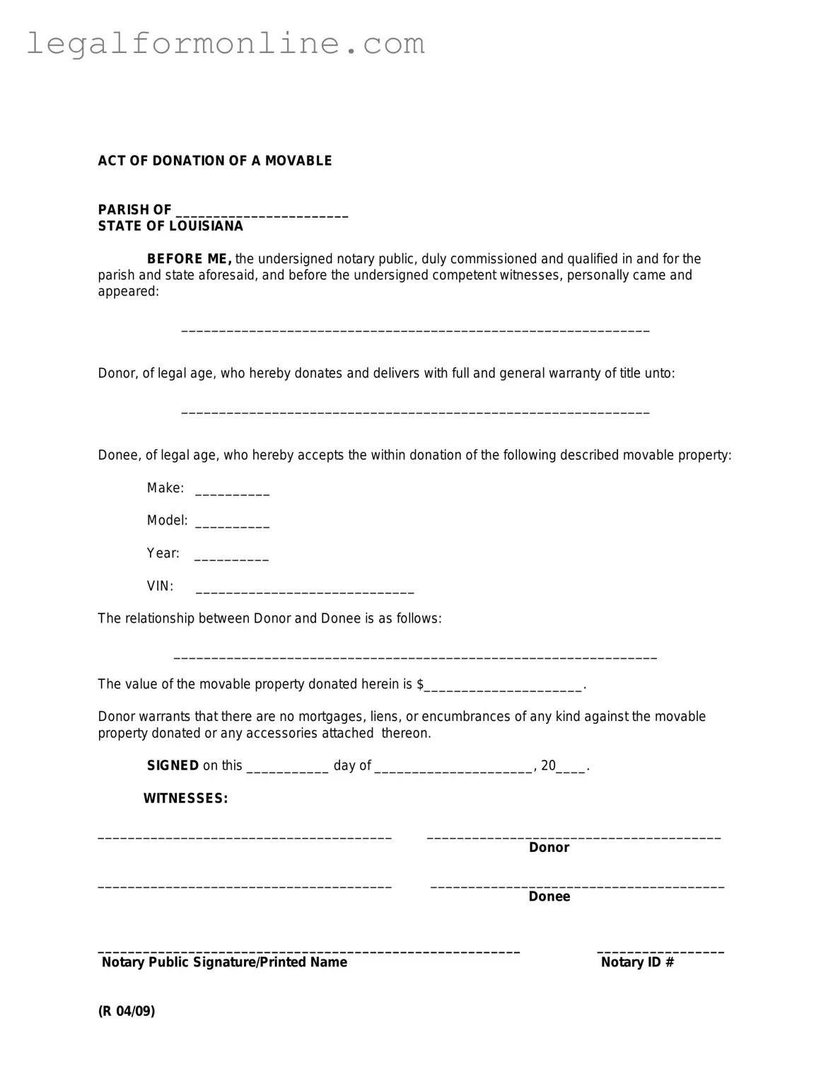 Louisiana act of donation Template in PDF