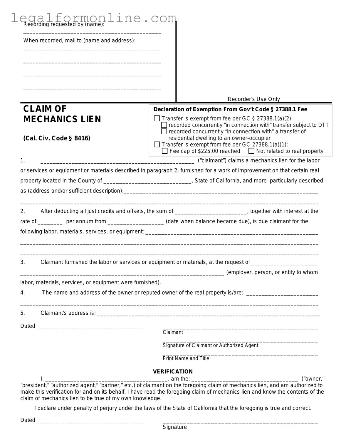 Mechanics Lien California Template in PDF