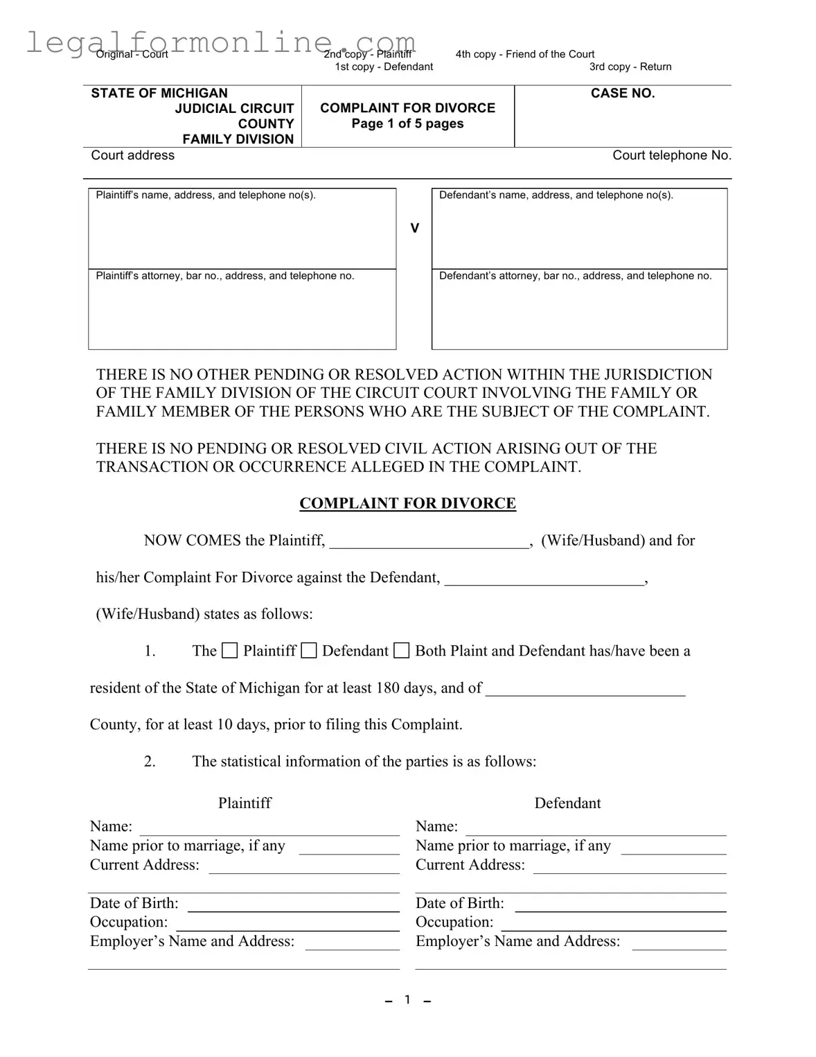 Michigan Complaint Divorce Template in PDF