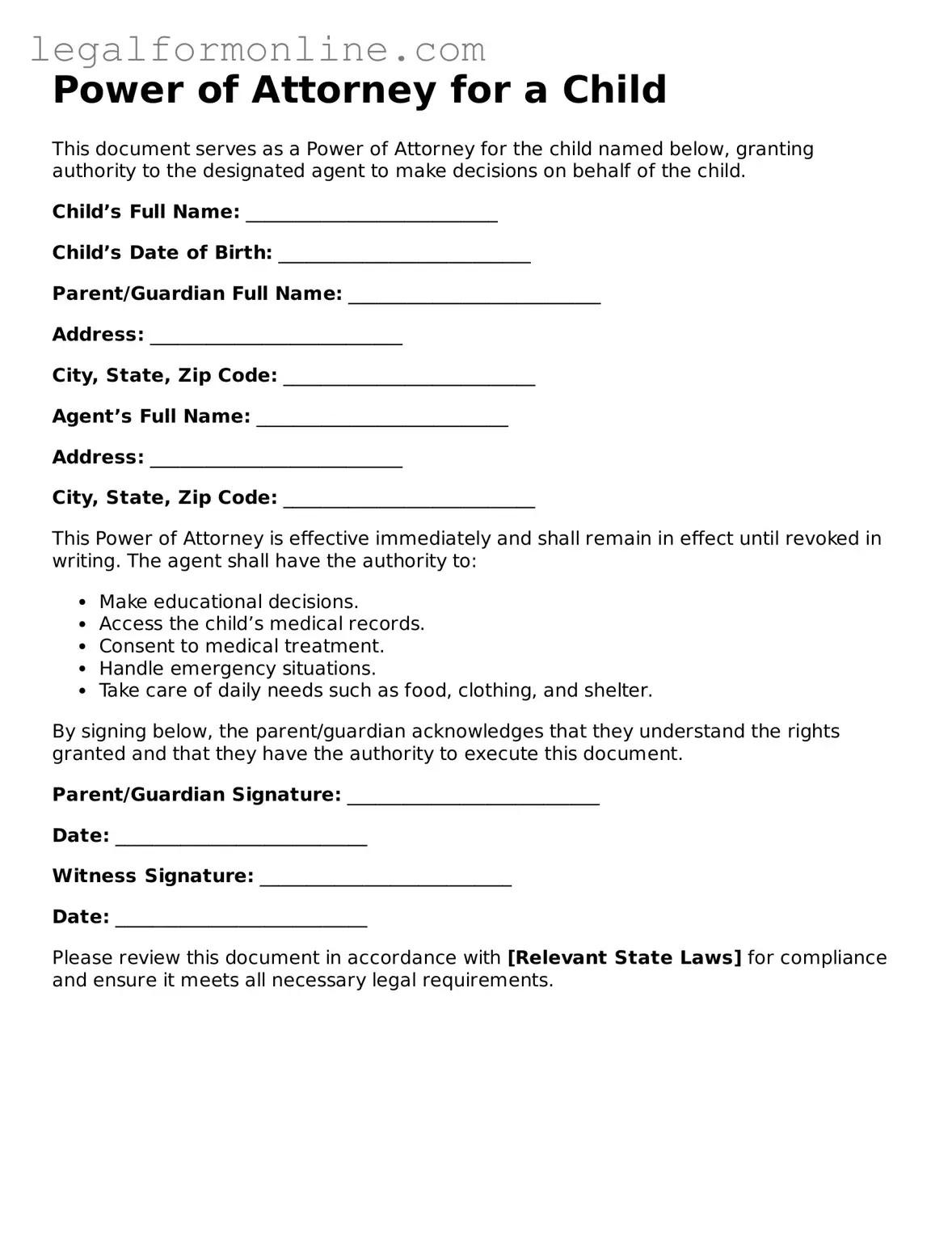 Attorney-Approved Power of Attorney for a Child Template