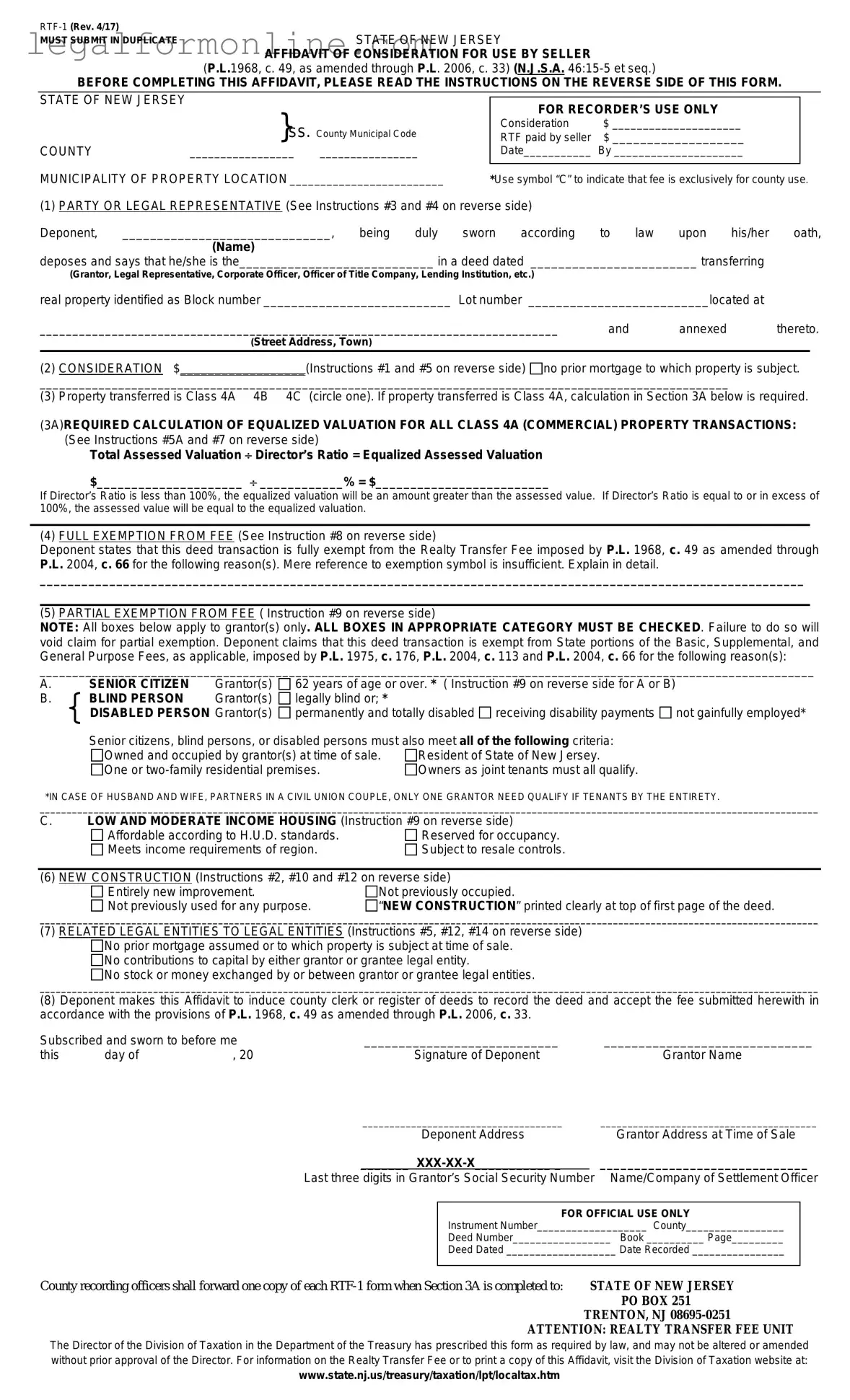 New Jersey Affidavit of Consideration RTF-1 Template in PDF