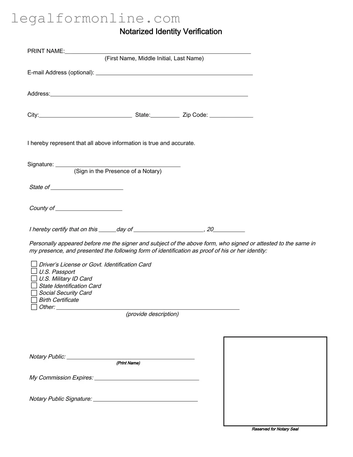 Notarized Identity Verification Template in PDF