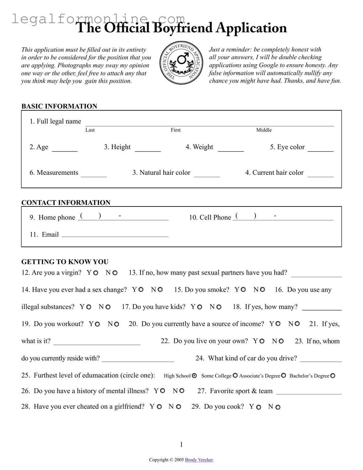 Boyfriend application form Template in PDF