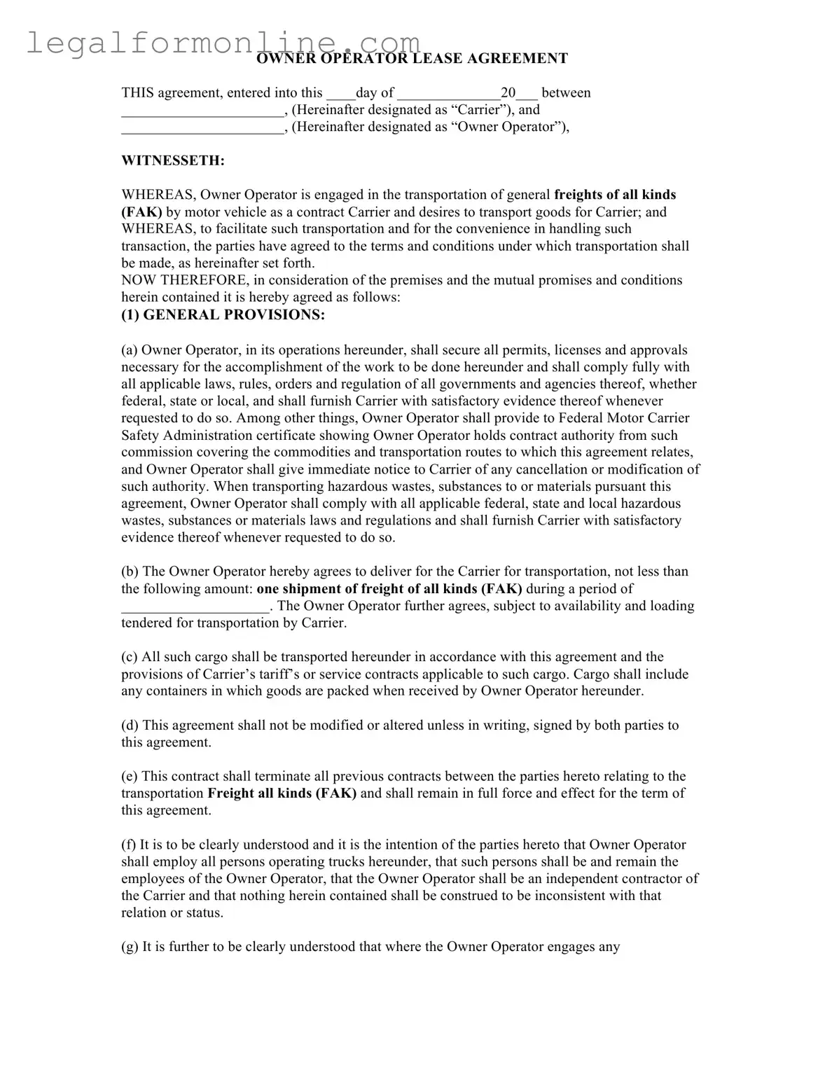 Owner Operator Lease Agreement Template in PDF