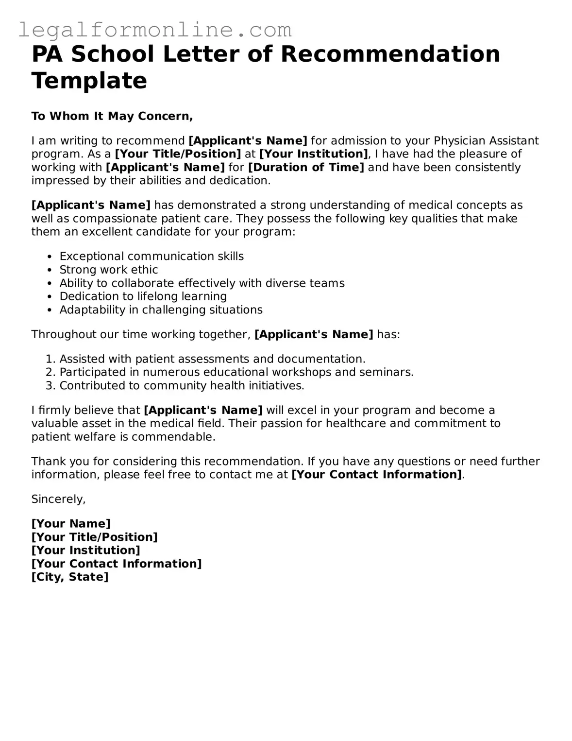 Attorney-Approved PA School Letter of Recommendation Template