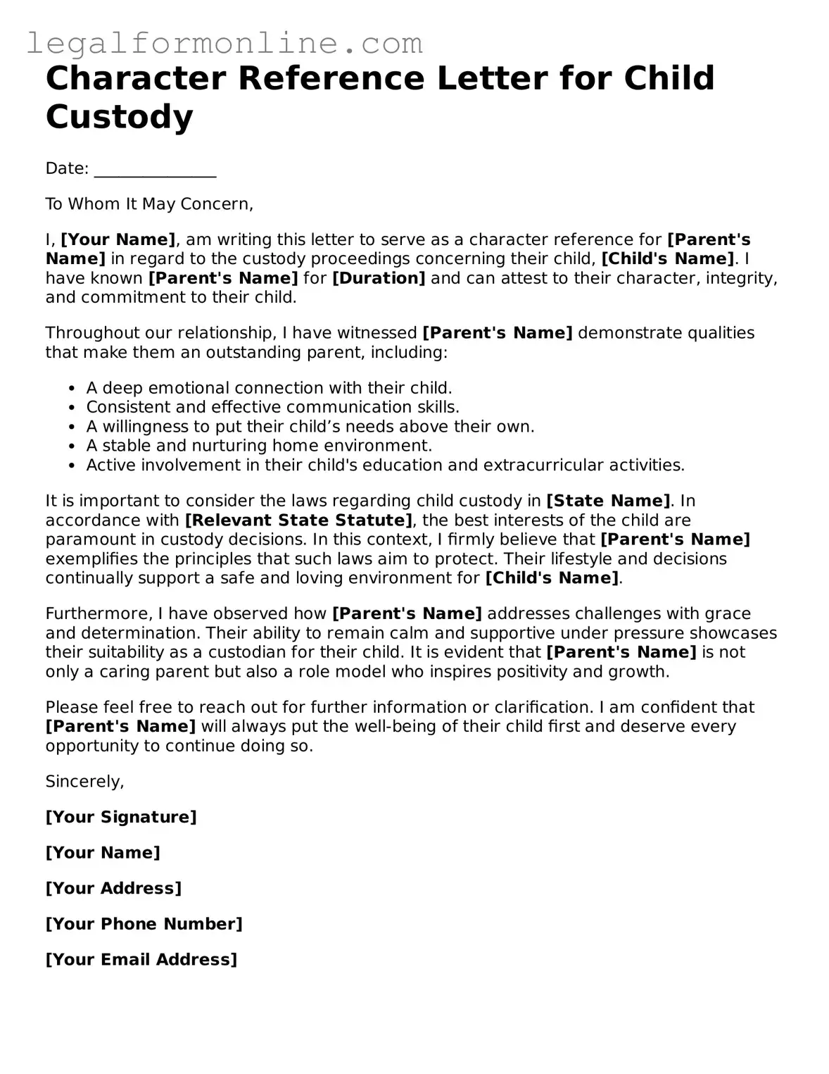 Attorney-Approved Character Reference Letter for Child Custody Template