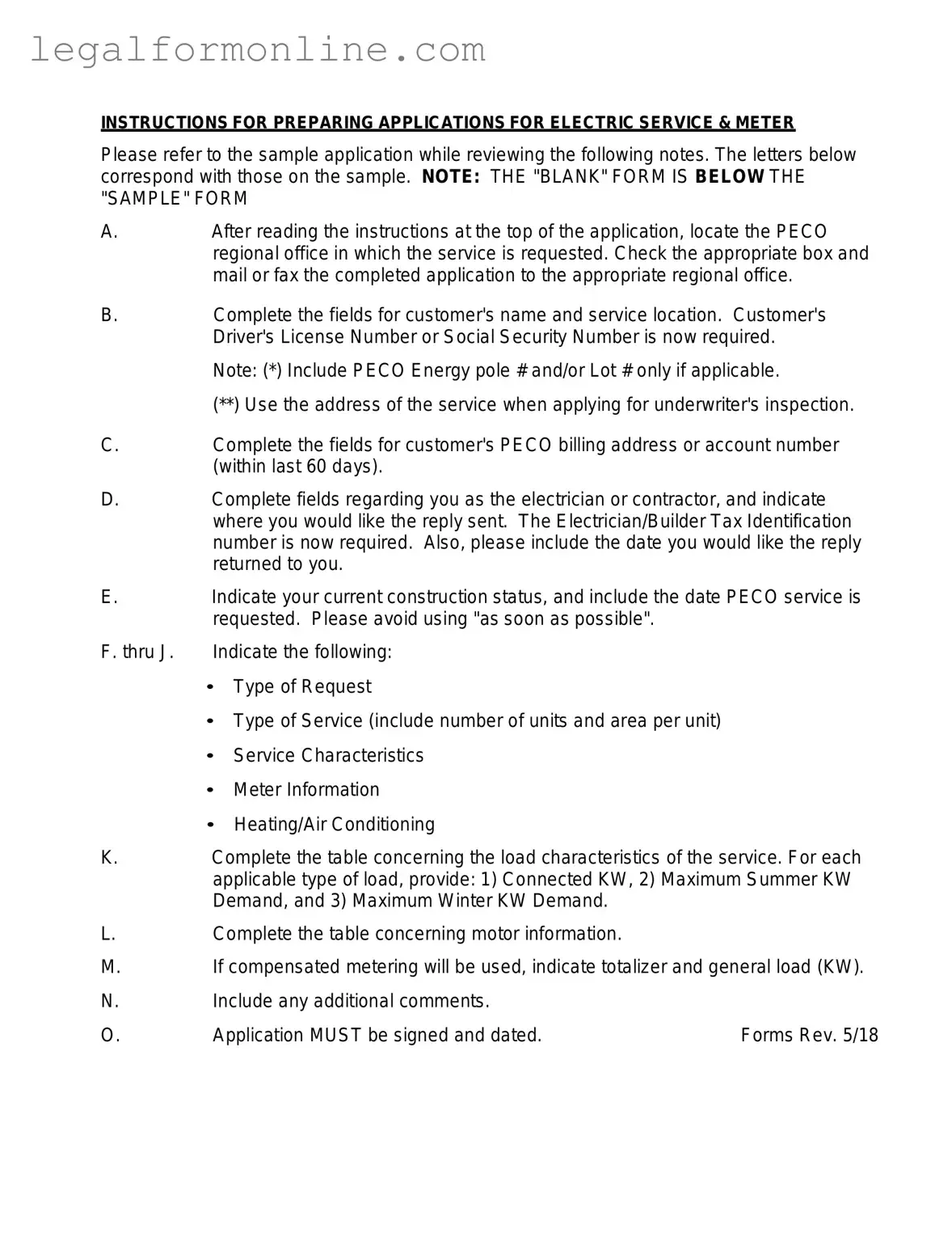 Peco Service And Meter Application Template in PDF