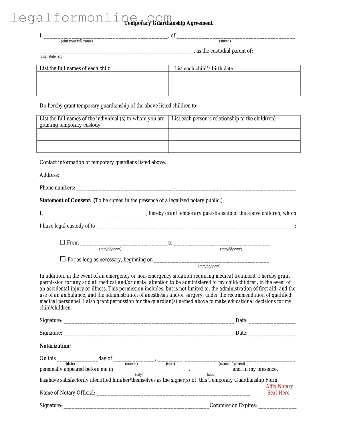 Temporary Custody Template in PDF