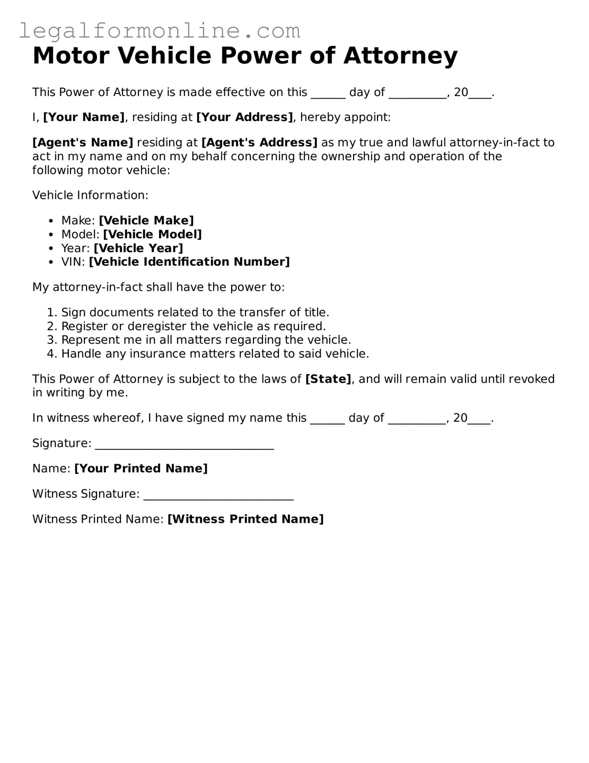 Attorney-Approved Motor Vehicle Power of Attorney Template
