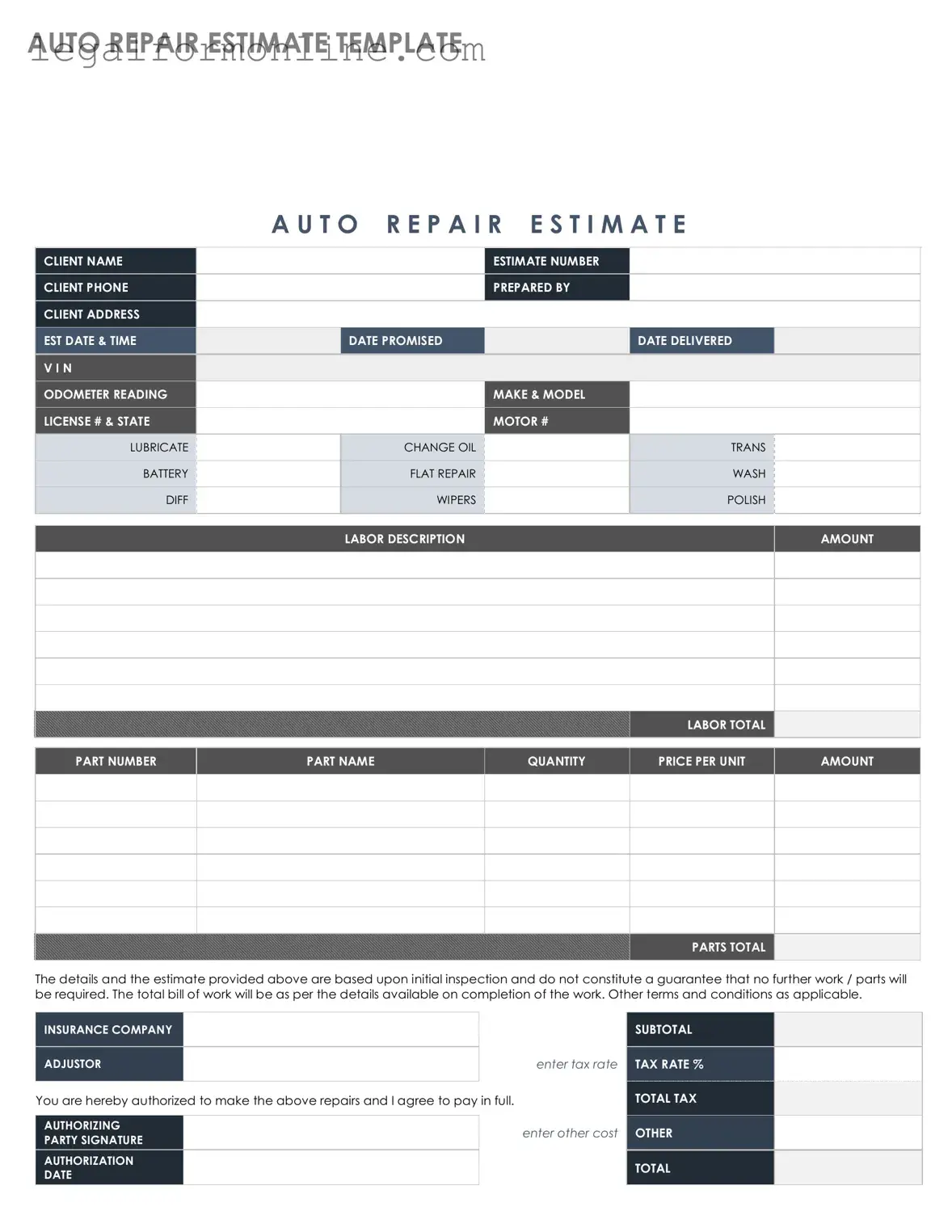 Auto Repair Estimate Template in PDF