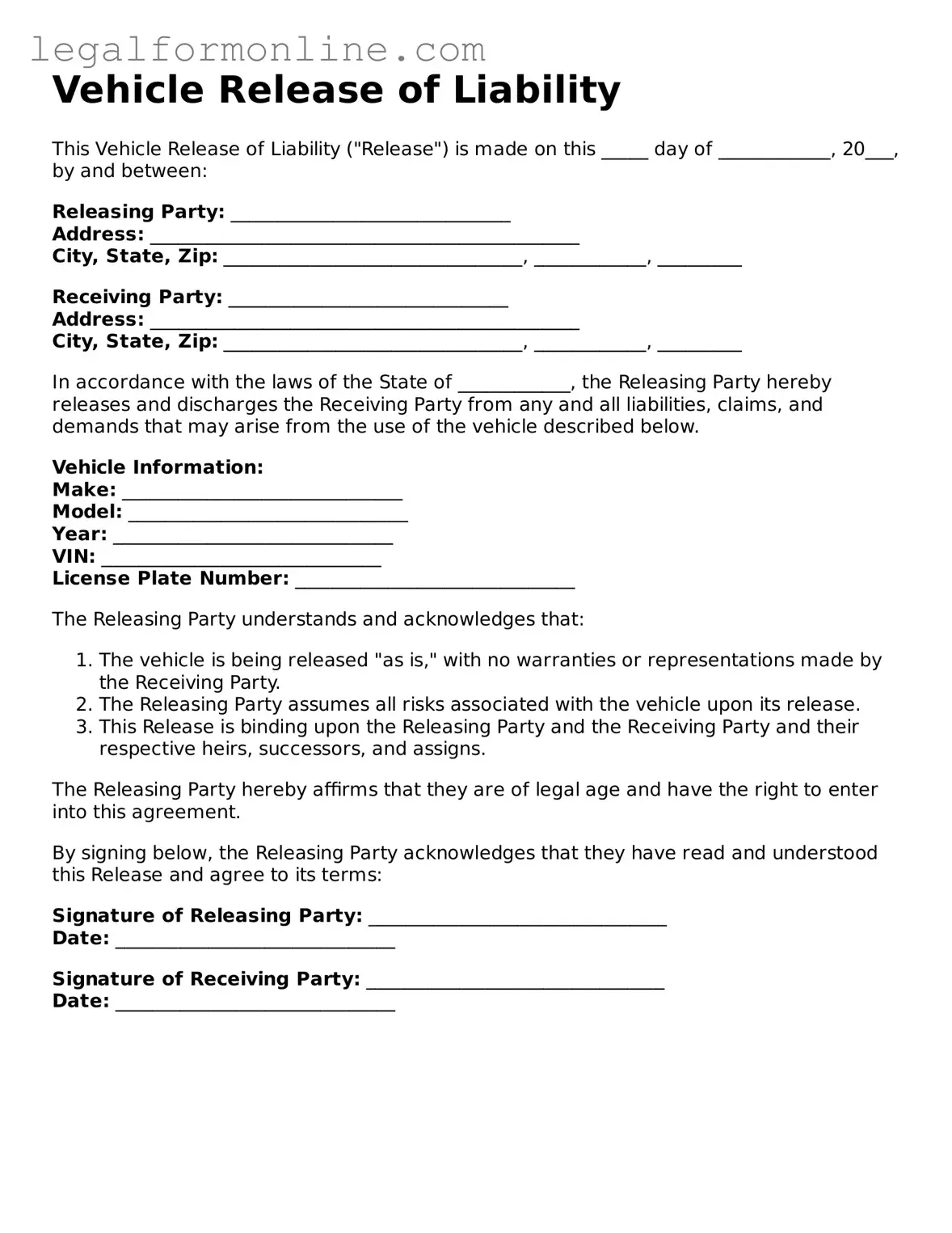 Attorney-Approved Vehicle Release of Liability Template