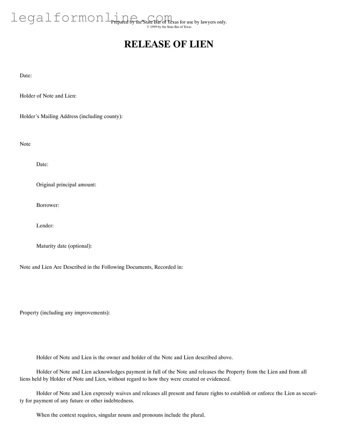 Release Of Lien Texas Template in PDF