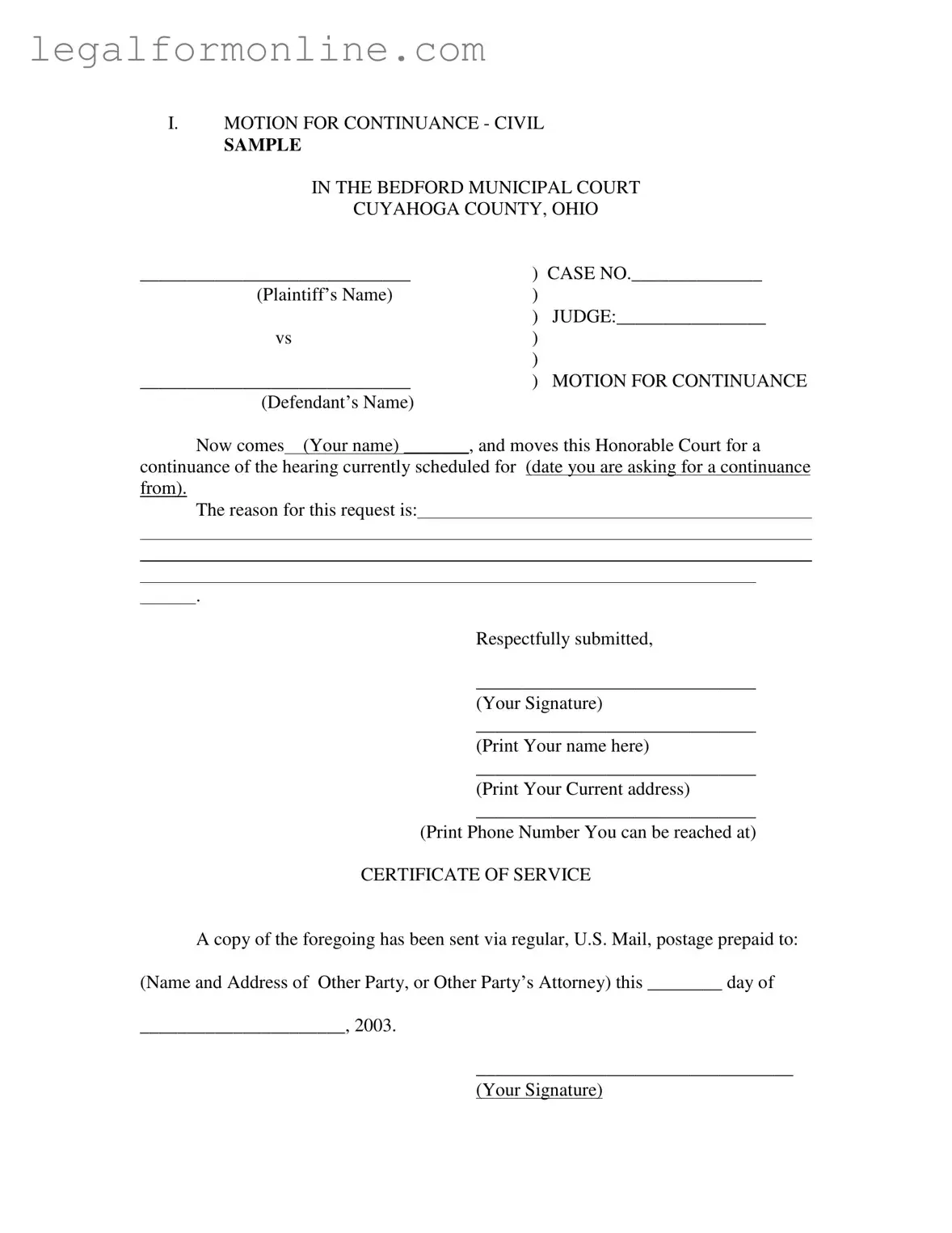 Motion For Continuance Template in PDF