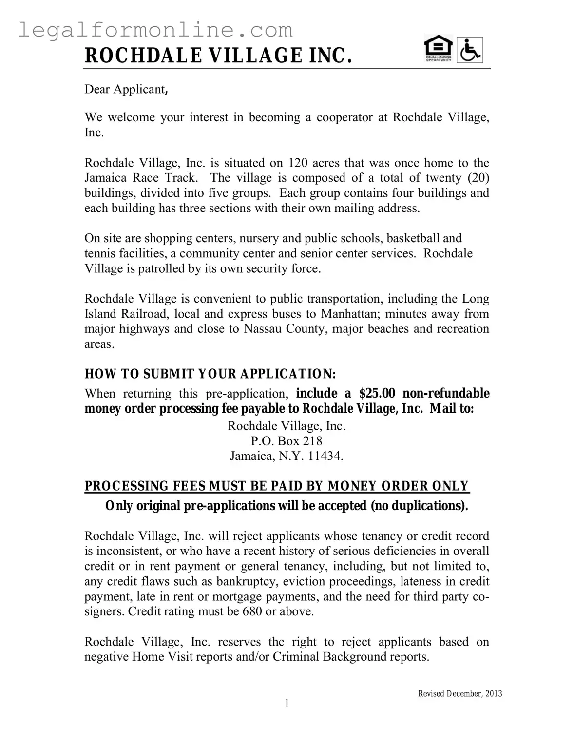 Rochdale village application Template in PDF