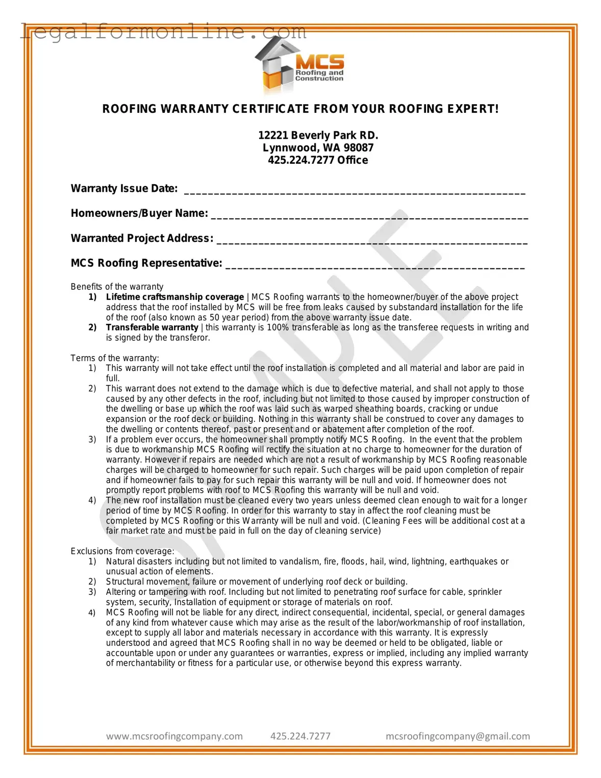 Roofing Warranty Certificate Template in PDF