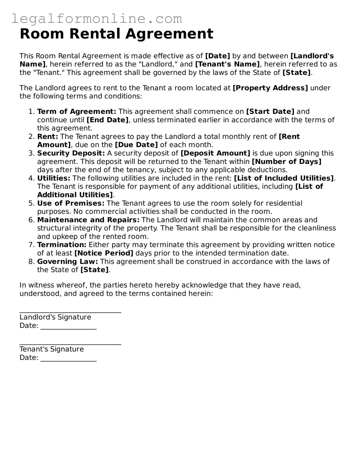Attorney-Approved Room Rental Agreement Template