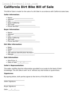  Dirt Bike Bill of Sale Form for California