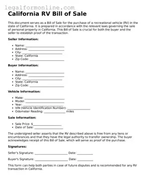  RV Bill of Sale Form for California