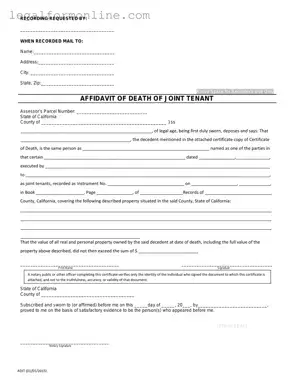 California Death of a Joint Tenant Affidavit Template in PDF