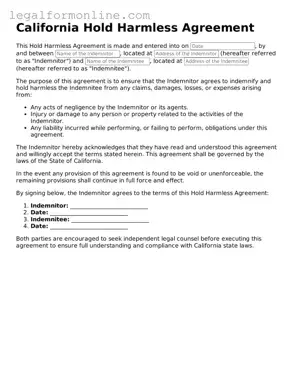  Hold Harmless Agreement Form for California
