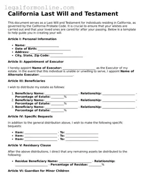  Last Will and Testament Form for California