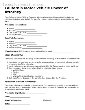  Motor Vehicle Power of Attorney Form for California