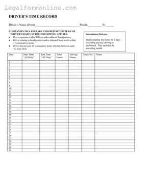 Driver Time Record Template in PDF